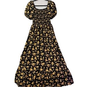 SHEIN Maxi Dress Women 0XL Black Yellow Floral Smocked Puff Sleeve